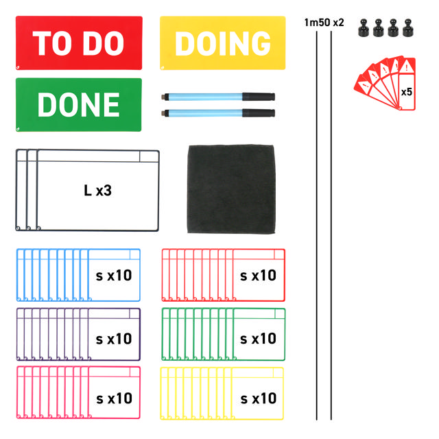 Magnetic Task Card Kit for Kanban Board, 3 Columns, S Cards