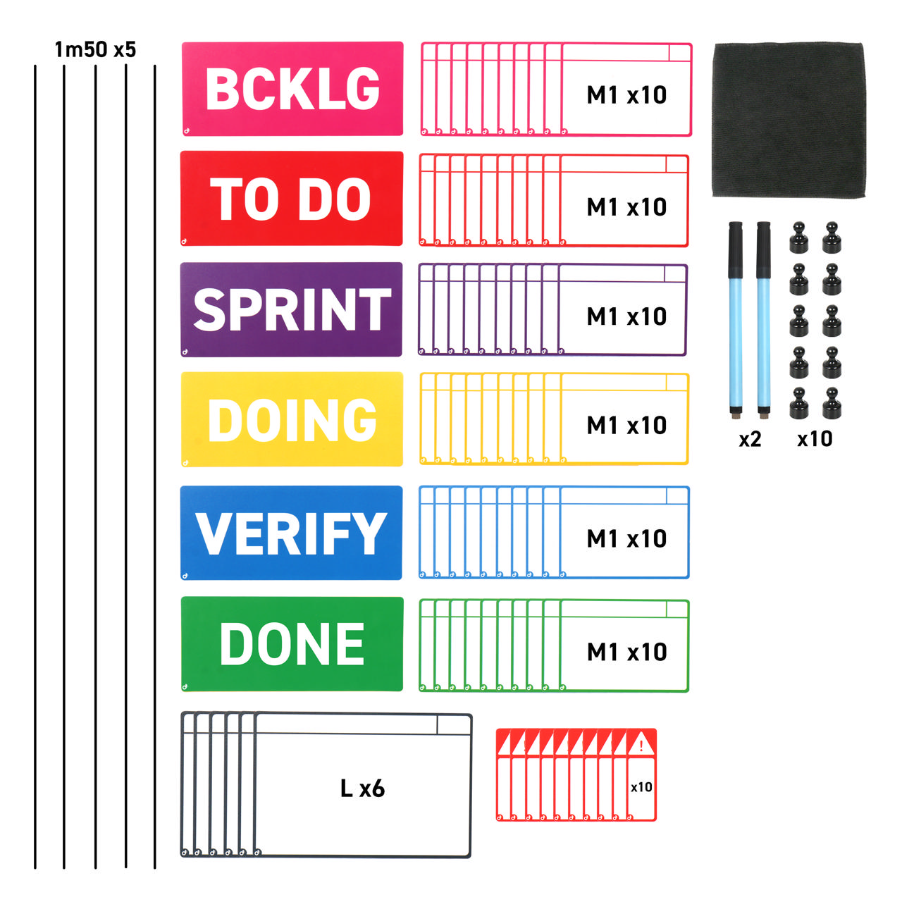 Magnetic Task Card Kit for Scrum Board, 6 Columns, M Cards