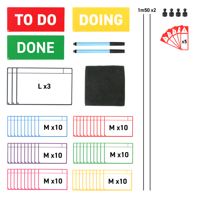 Magnetic Task Card Kit for Kanban Board, 3 Columns, M Cards