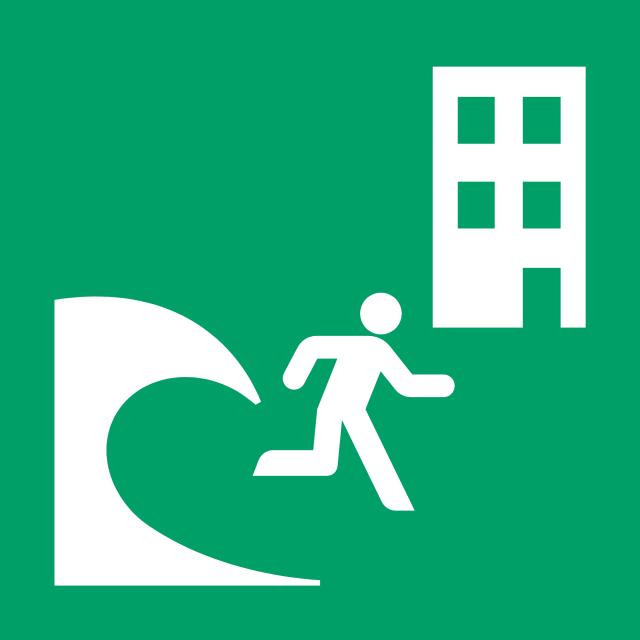 Safety sign Tsunami evacuation building, 150 x 150 mm