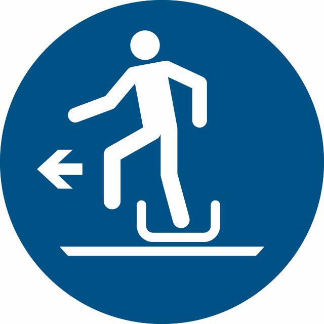 Safety sign Alighting from toboggan to the left, Ø 100 mm