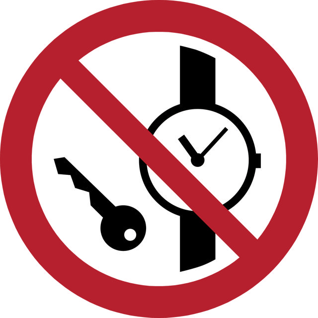 Safety sign No metallic articles or watches, Ø 100 mm