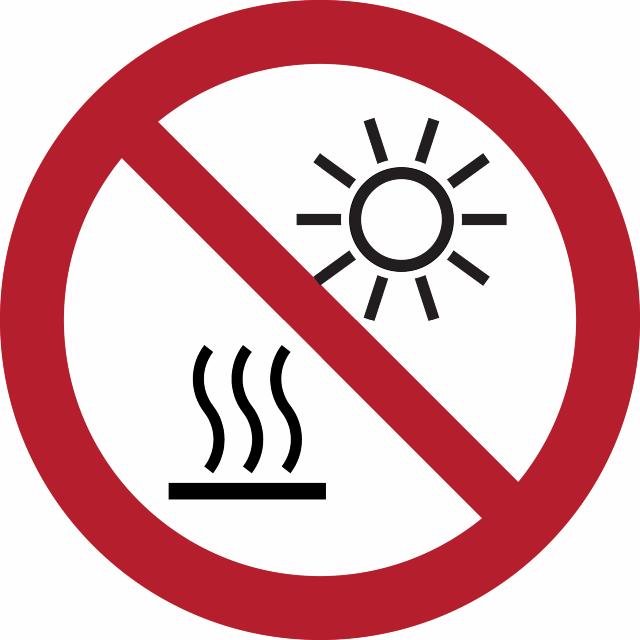 Safety sign Do not expose to direct sunlight or hotsurface, Ø 100 mm