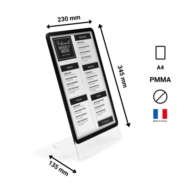 Acrylic Table Top Sign Holder with A4 Magneto Frame Display Pocket, Slanted L-Shape, Portrait/Landscape