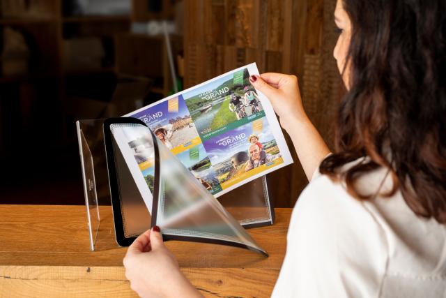 Acrylic Table Top Sign Holder with A4 Magneto Frame Display Pocket, Slanted L-Shape, Portrait/Landscape