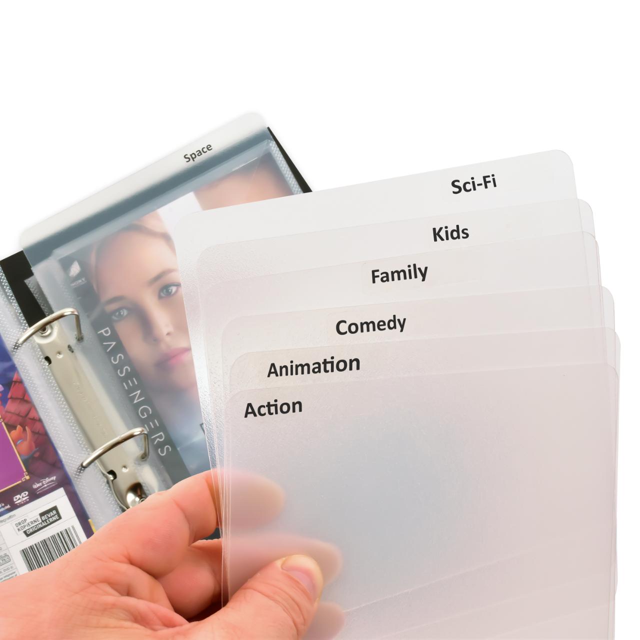 DVD Dividers with binder holes and labels with pre-printed film genres